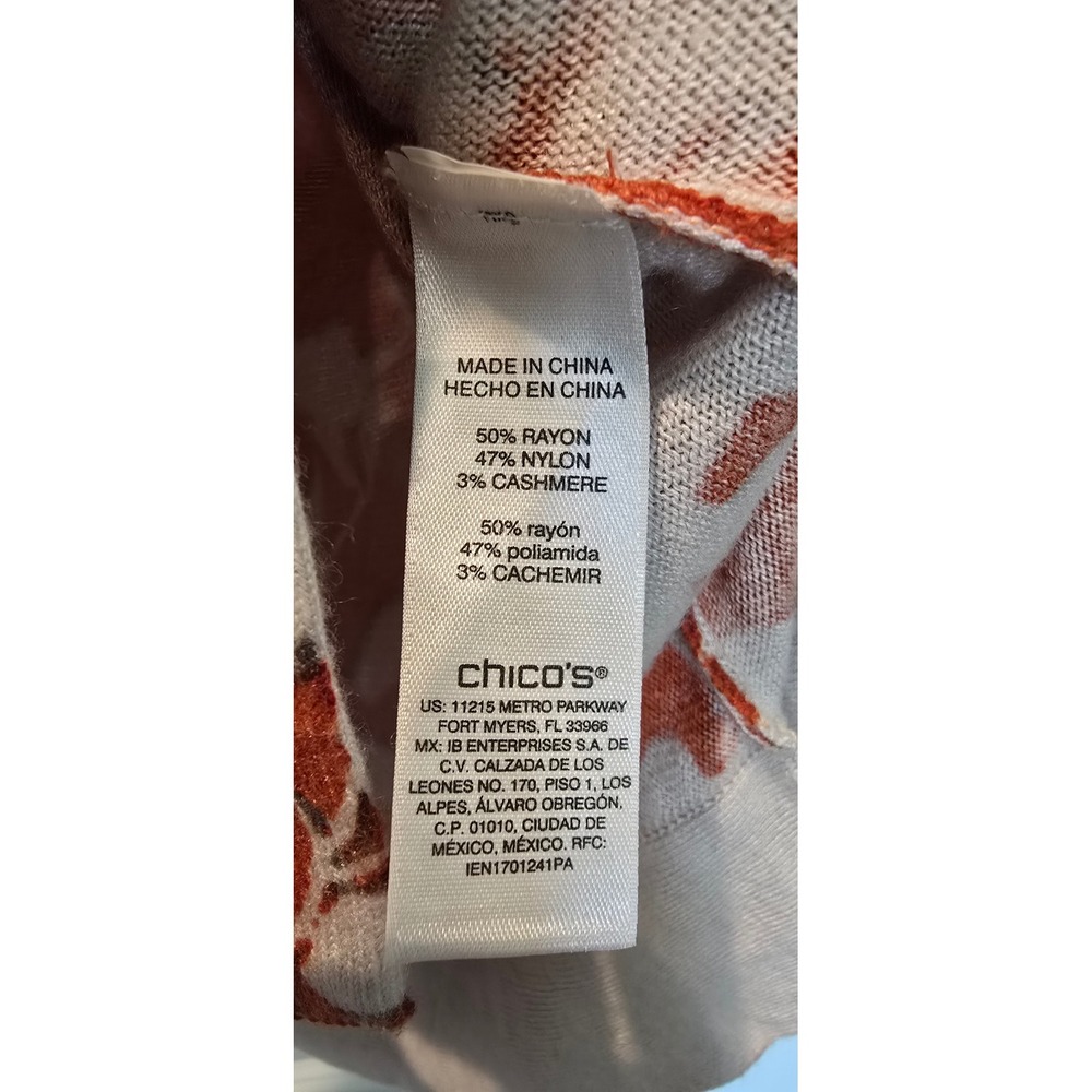 Chicos Orange Floral 3/4 Sleeve Cashmere Blend Knit Sweater Top Size 0 Small‎ - Picture 4 of 4